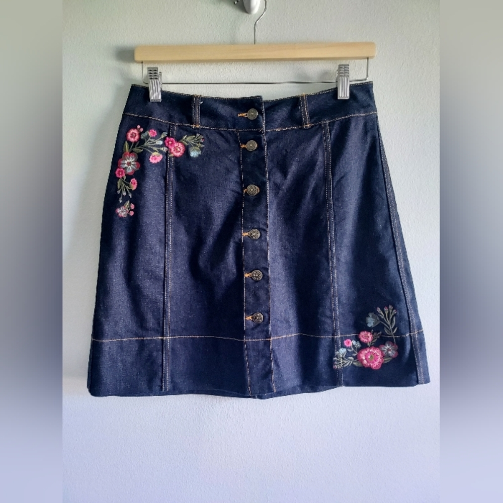 kate spade Navy Denim Button-Front Mini Skirt with Pink Floral Embroidery